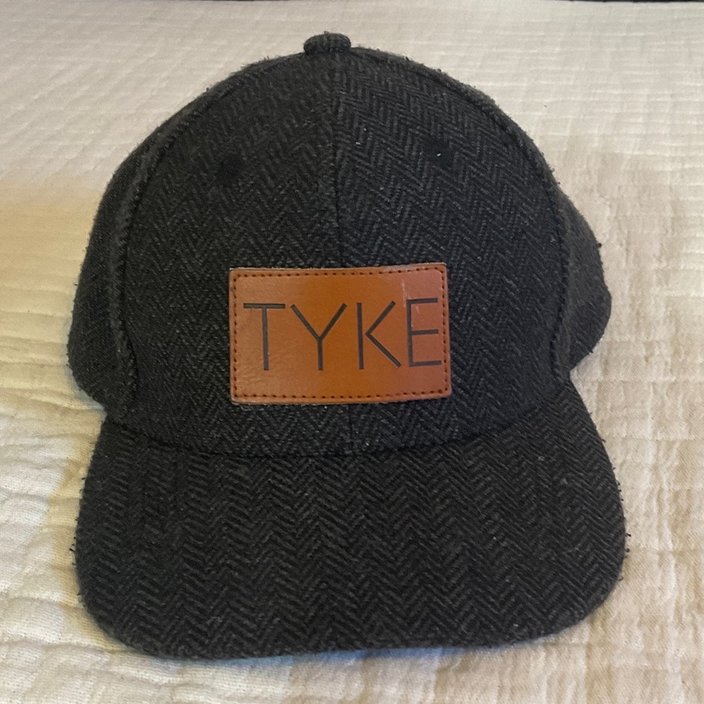 TYKE Black Herringbone Baseball Cap with Brown Leather Patch